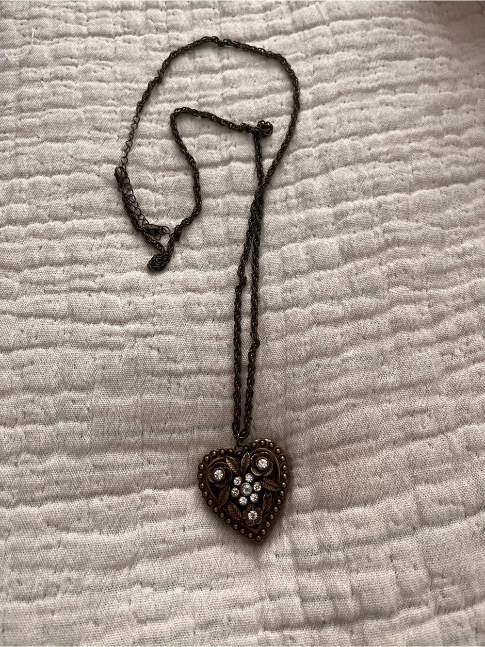 Antique Bronze Heart Pendant Necklace with Clear Crystals VCLM